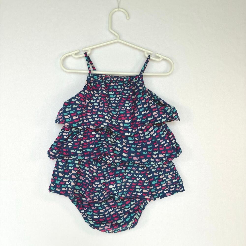 Vineyard Vines Baby Girl Tiered Ruffles Romper 12m Multicolor Whale Print Ocean